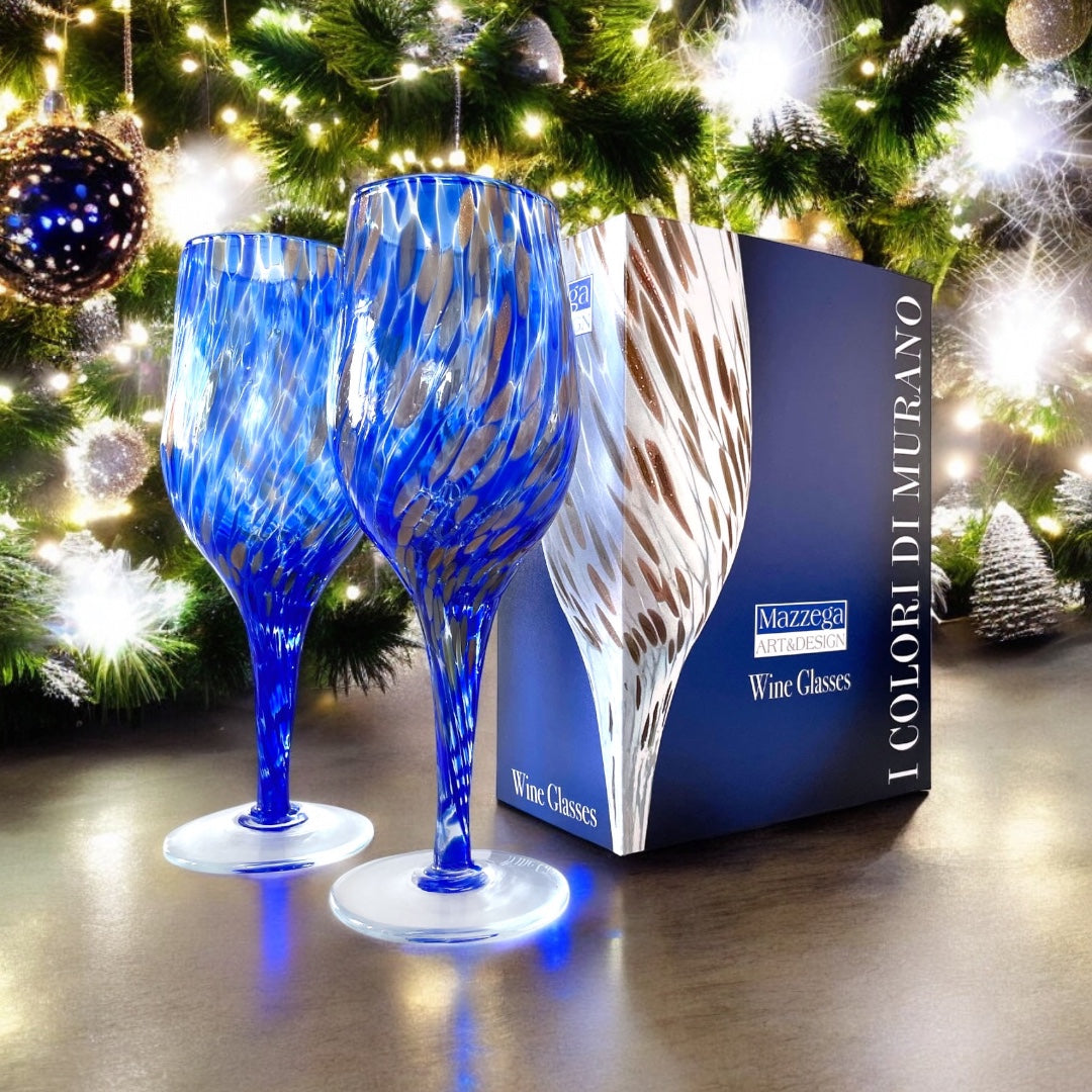 Calici da Vino E Bicchieri Blu e Rossi con Avventurina in Vetro Soffiati e Lavorati a Mano “I Colori di Murano” - Made in Italy