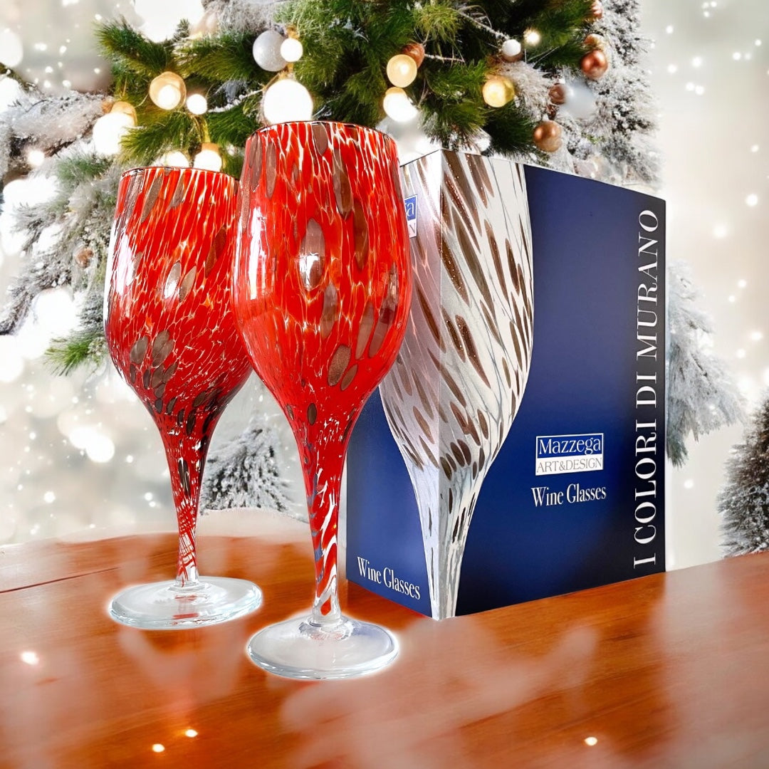 Calici da Vino E Bicchieri Blu e Rossi con Avventurina in Vetro Soffiati e Lavorati a Mano “I Colori di Murano” - Made in Italy