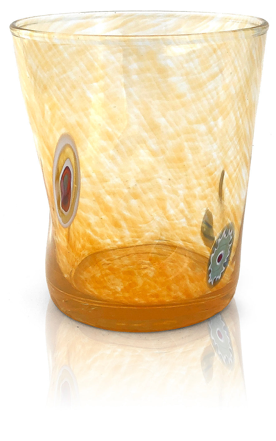 6 Bicchieri Tumbler Liberty in Vetro Soffiati e Lavorati a Mano con Murrine di Murano, linea “I Colori di Murano” 350 ml. Made in Italy