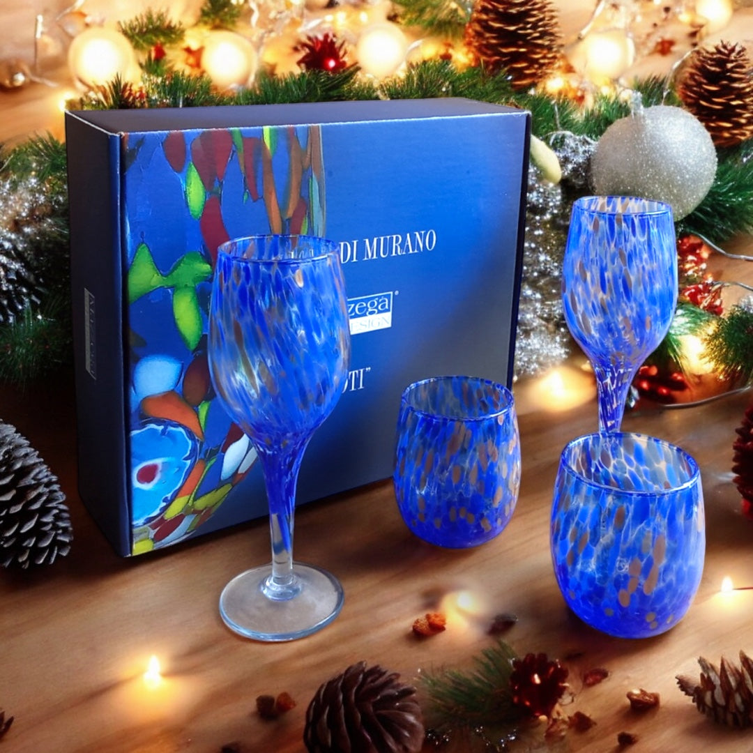 Calici da Vino E Bicchieri Blu e Rossi con Avventurina in Vetro Soffiati e Lavorati a Mano “I Colori di Murano” - Made in Italy