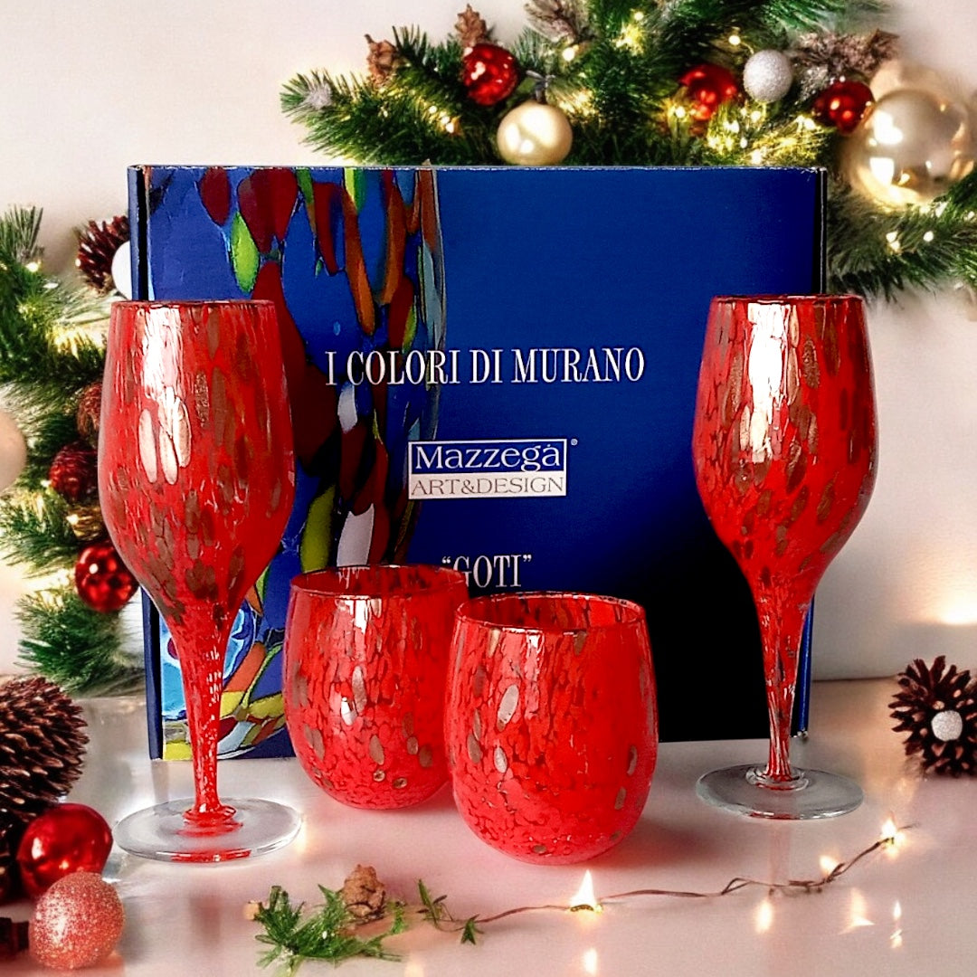 Calici da Vino E Bicchieri Blu e Rossi con Avventurina in Vetro Soffiati e Lavorati a Mano “I Colori di Murano” - Made in Italy