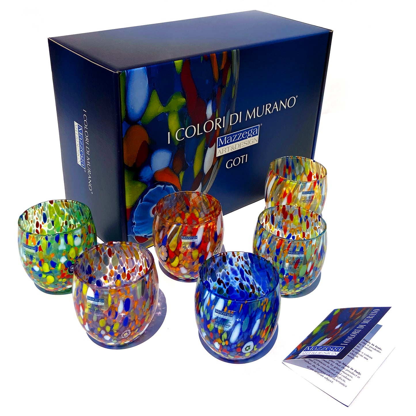 6 Bicchieri Acqua Classic in Vetro Soffiati e Lavorati a Mano con Murrine di Murano, linea “I Colori di Murano” 320 ml. Made in Italy