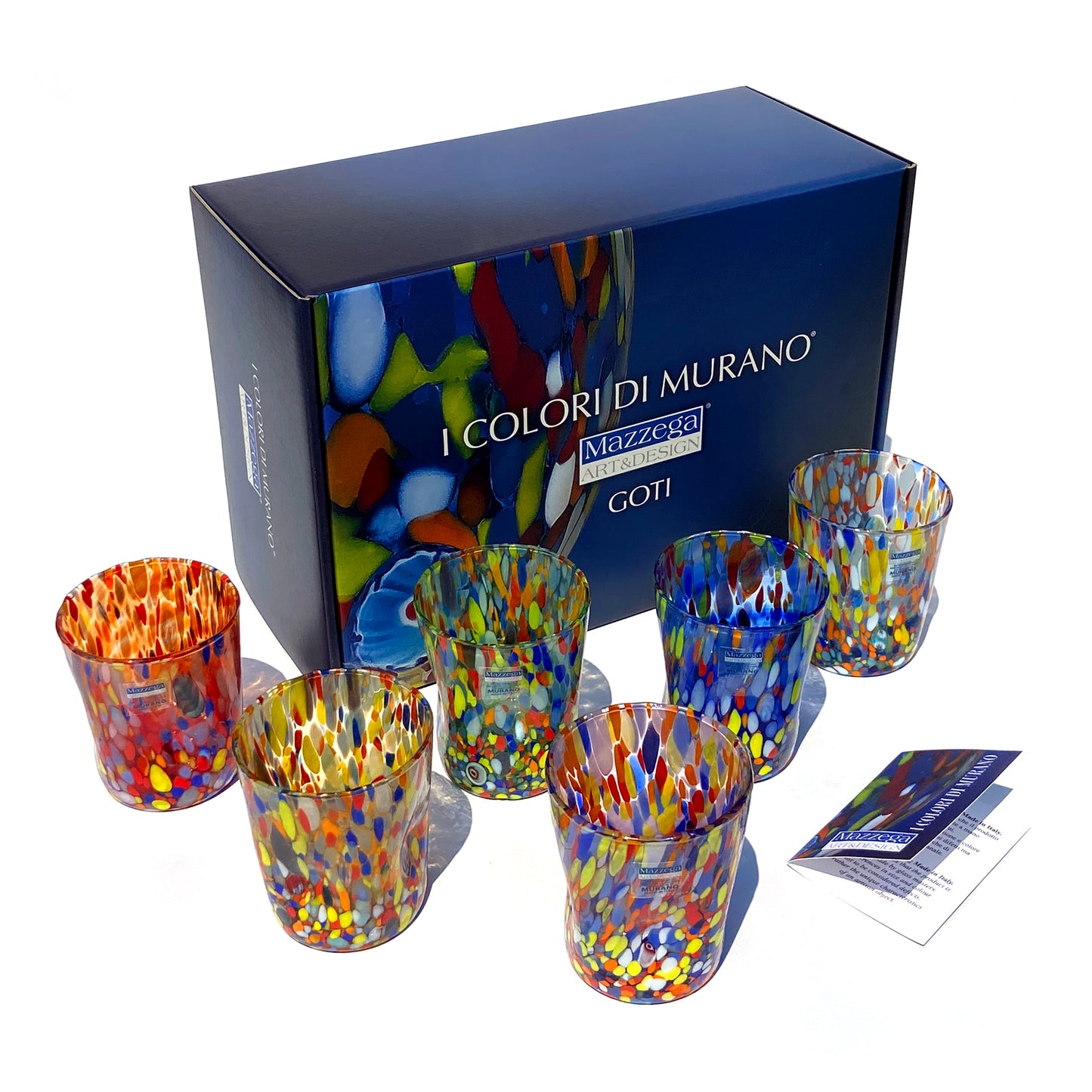 Bicchieri Tumbler Classic in Vetro Soffiati e Lavorati a Mano con Murrine di Murano, linea “I Colori di Murano” 350 ml. Made in Italy