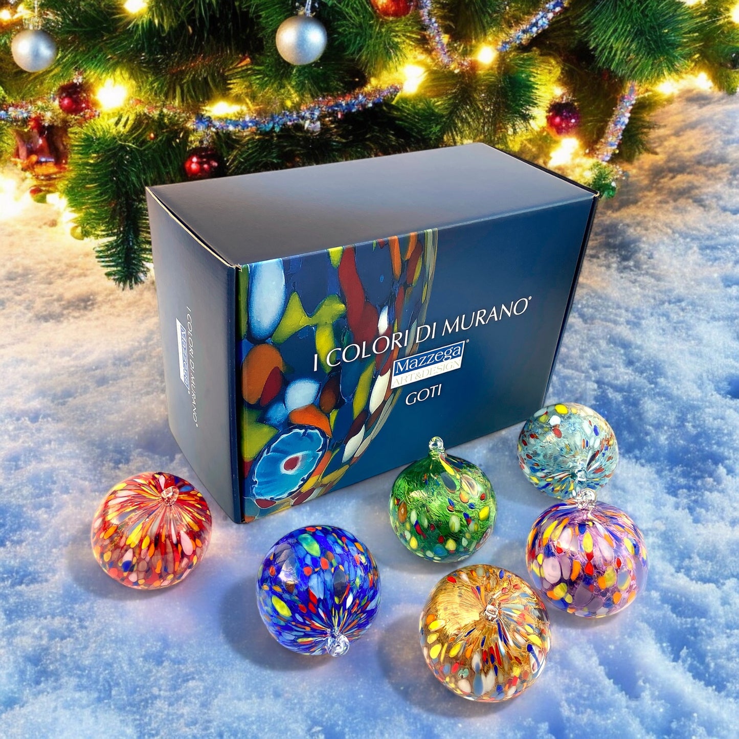 6 palline di Natale Classic in Vetro Soffiate e Lavorate a Mano con Murrine di Murano, linea “I Colori di Murano” Made in Italy
