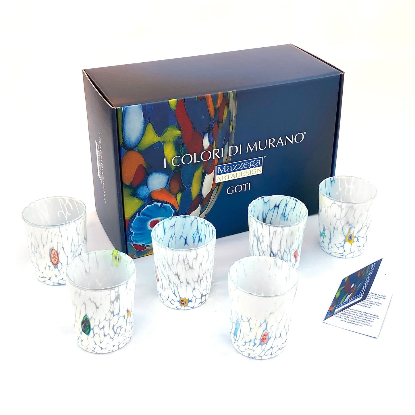 Bicchieri Tumbler Bianco in Vetro Soffiati e Lavorati a Mano con Murrine di Murano, linea “I Colori di Murano” 350 ml. Made in Italy