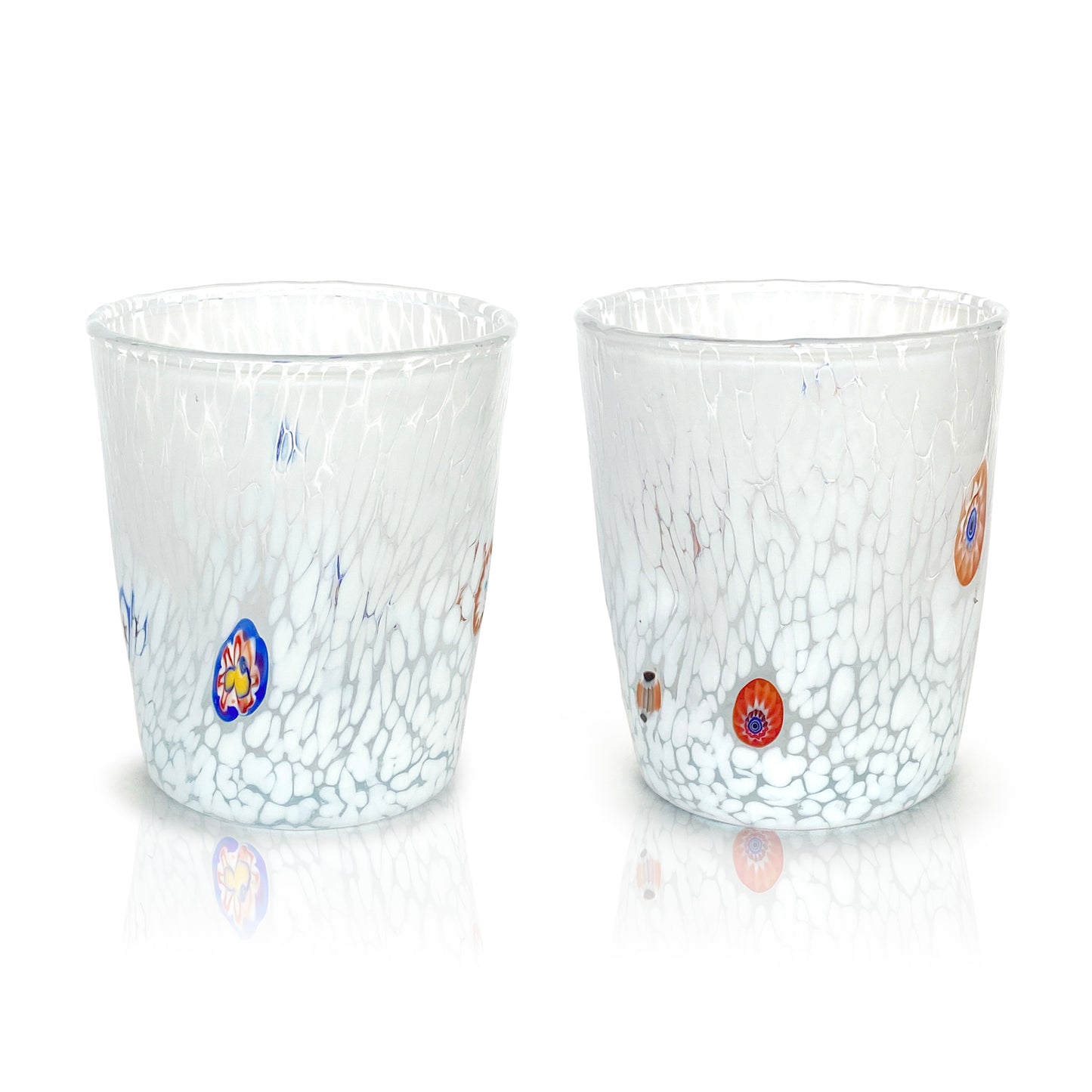 Bicchieri Tumbler Bianco in Vetro Soffiati e Lavorati a Mano con Murrine di Murano, linea “I Colori di Murano” 350 ml. Made in Italy