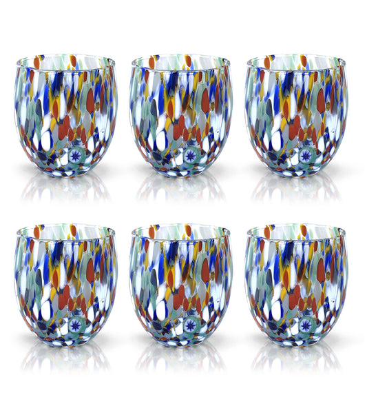 6 Bicchieri Acqua Arlecchino in Vetro Soffiati e Lavorati a Mano con Murrine di Murano, linea “I Colori di Murano” 320 ml. Made in Italy
