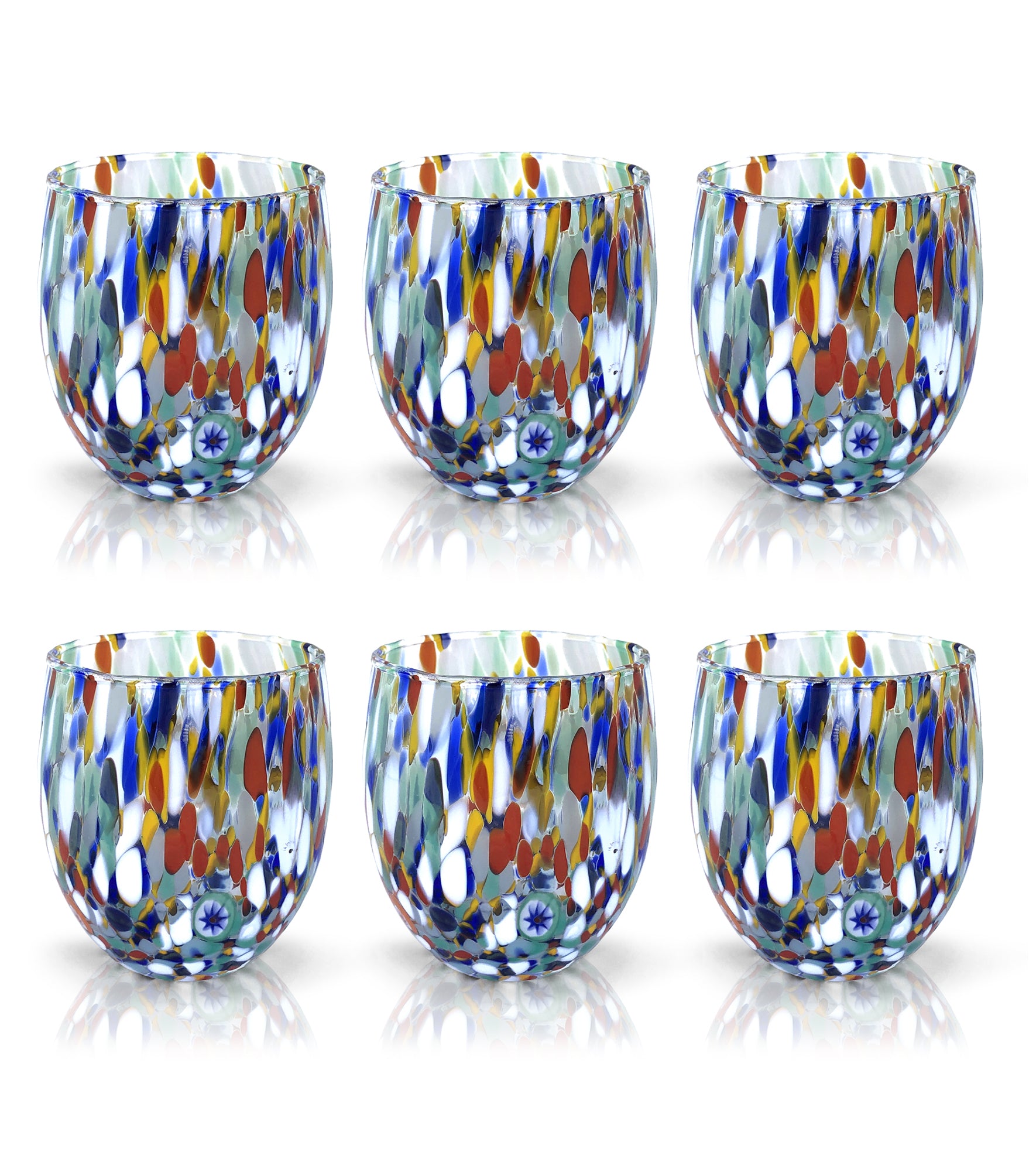 Bicchieri Messicani Soffiati A Mano | Set Da 6 Da 8 Once | Vetro Artistico Fatto A Mano, Coriandoli Blu Oceano