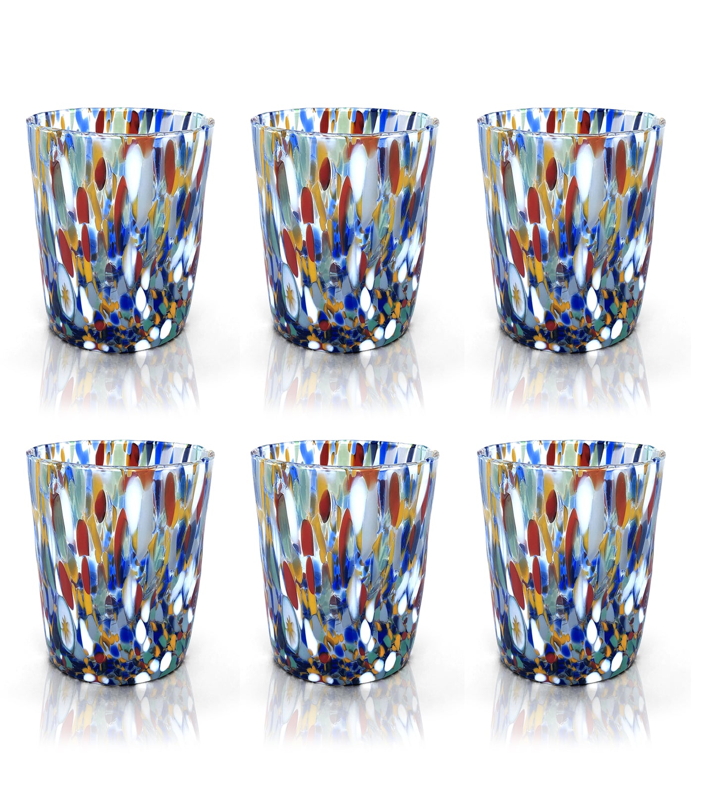6 Bicchieri Tumbler Arlecchino in Vetro Soffiati e Lavorati a Mano con Murrine di Murano, linea “I Colori di Murano” 350 ml. Made in Italy