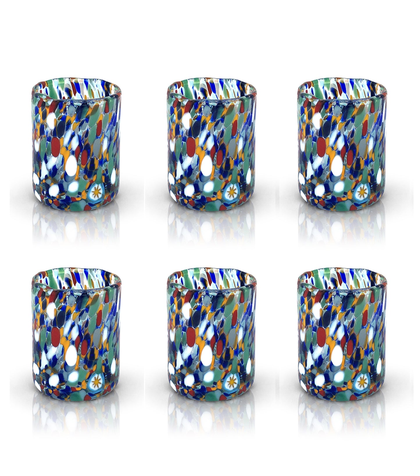 6 Bicchieri Shot Arlecchino in Vetro Soffiati e Lavorati a Mano con Murrine di Murano, linea “I Colori di Murano” 75 ml. Made in Italy