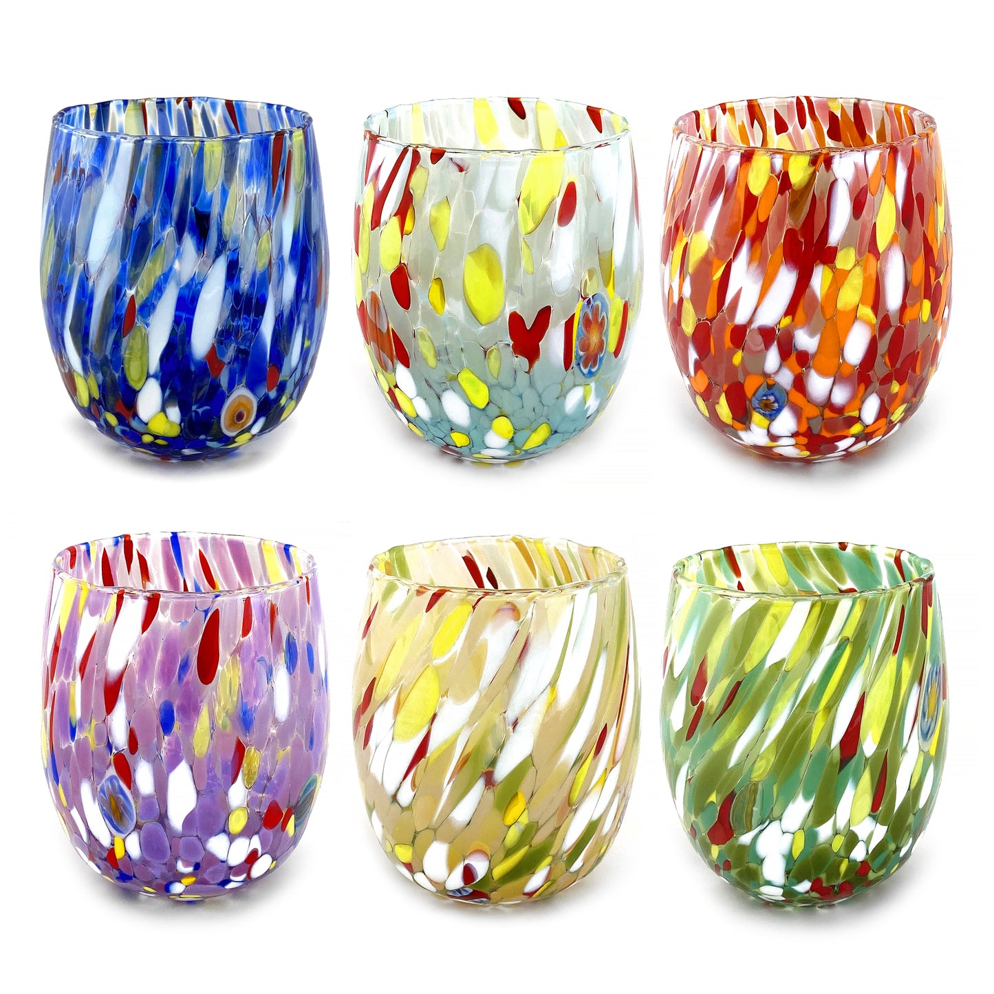 6 Bicchieri Acqua Big Colombina in Vetro Soffiati e Lavorati a Mano con Murrine di Murano, linea “I Colori di Murano” 435 ml. Made in Italy