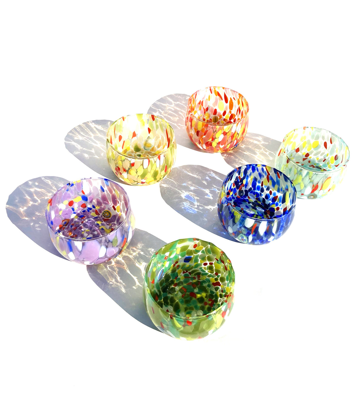 6 COLOMBINA Schalen aus mundgeblasenem Glas, handgefertigt mit Murano-Murrinen, Linie „I Colori di Murano“, Made in Italy