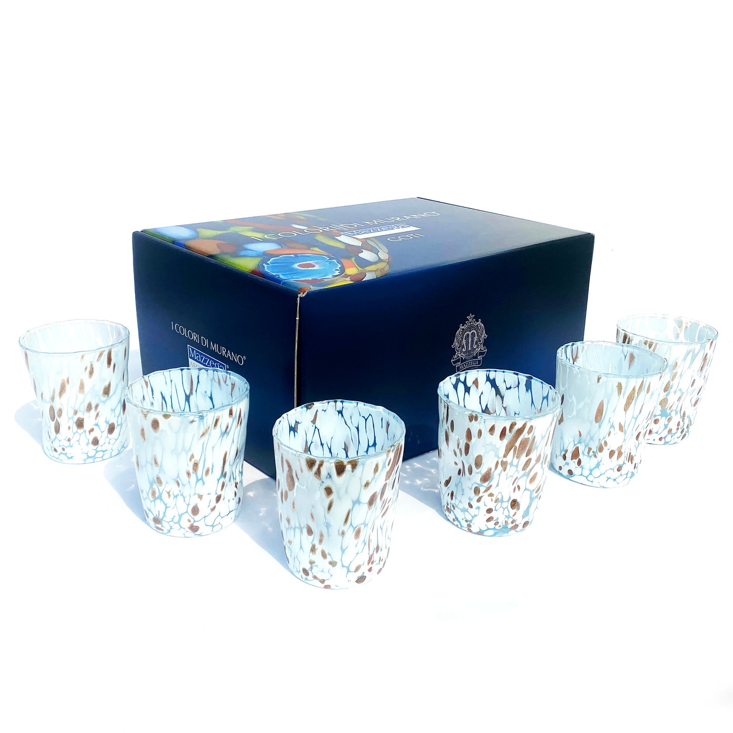 Set aus Weingläsern und Gläsern aus mundgeblasenem und handgefertigtem Glas mit Geschenkbox „I Colori di Murano“ mit Aventurin – elegant für raffinierte Anlässe – hergestellt in Italien