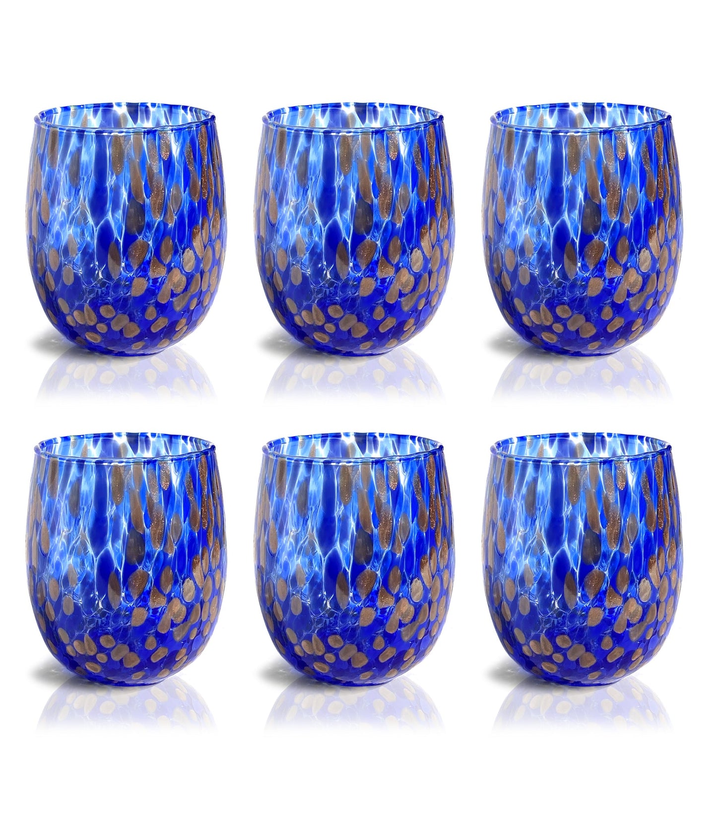 Calici da Vino E Bicchieri Blu e Rossi con Avventurina in Vetro Soffiati e Lavorati a Mano “I Colori di Murano” - Made in Italy