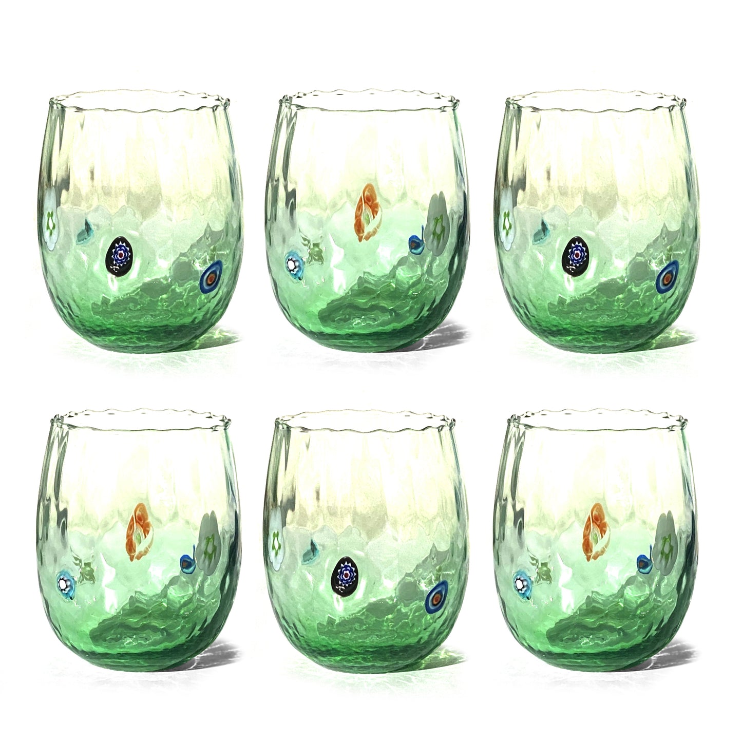 6 Bicchieri Balloton in Vetro Soffiati e Lavorati a Mano con Murrine di Murano, linea “I Colori di Murano” 435 ml. Made in Italy