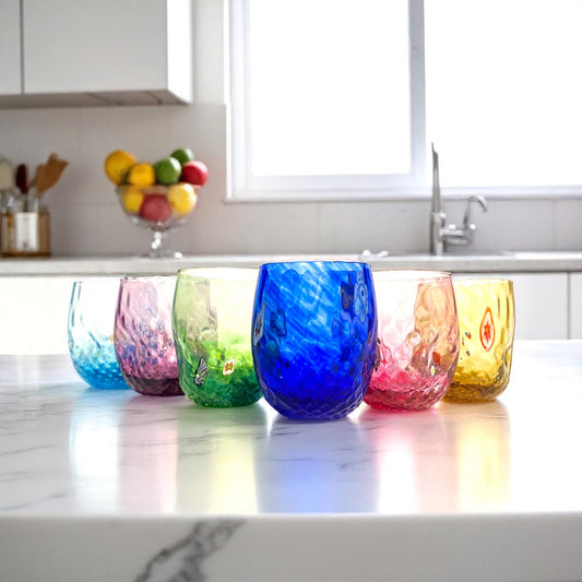 Bicchieri Balloton in Vetro Soffiati e Lavorati a Mano con Murrine di Murano, linea “I Colori di Murano” 350 ml. Made in Italy