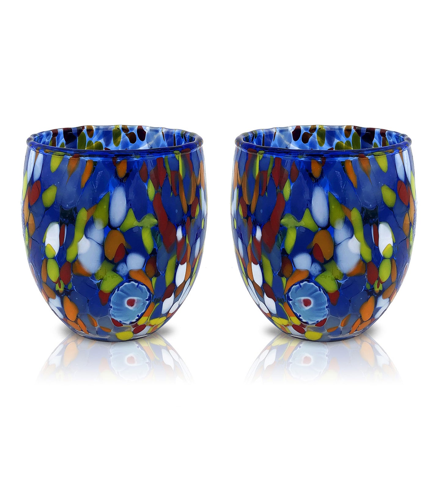 6 Bicchieri Acqua Classic in Vetro Soffiati e Lavorati a Mano con Murrine di Murano, linea “I Colori di Murano” 320 ml. Made in Italy