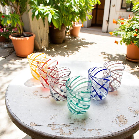 6 Bicchieri Cilindro Spiral in Vetro Soffiati e Lavorati a Mano con Bacchette di Murano, linea “I Colori di Murano” 400 ml. Made in Italy