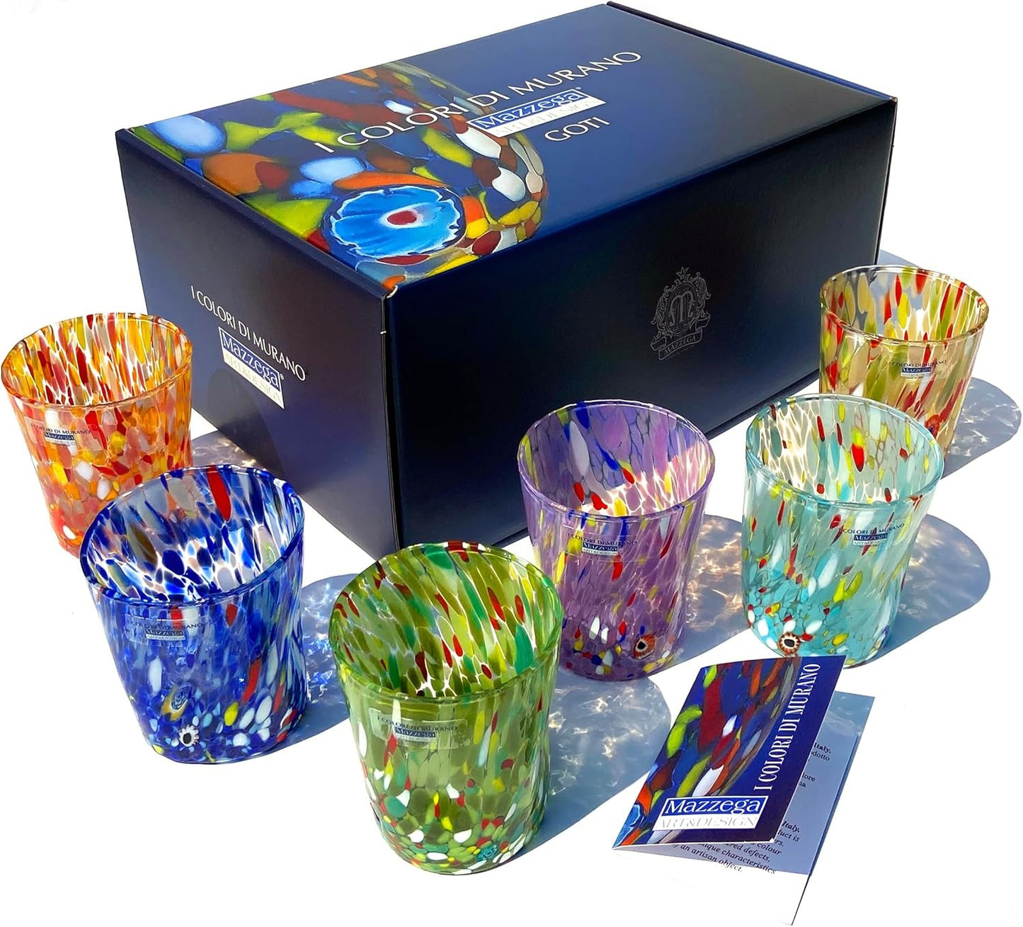 6 Bicchieri Tumbler Colombina in Vetro Soffiati e Lavorati a Mano con Murrine di Murano, linea “I Colori di Murano” 350 ml. Made in Italy