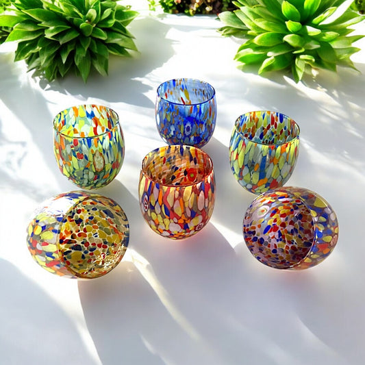 6 Bicchieri Acqua Classic in Vetro Soffiati e Lavorati a Mano con Murrine di Murano, linea “I Colori di Murano” 320 ml. Made in Italy