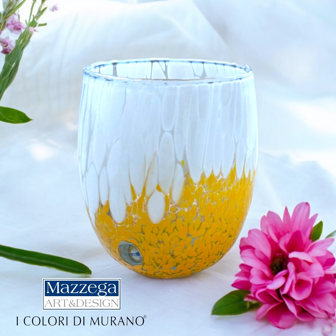 6 Bicchieri Acqua Big Bicolor in Vetro Soffiati e Lavorati a Mano con Murrine di Murano, linea “I Colori di Murano” 435 ml. Made in Italy