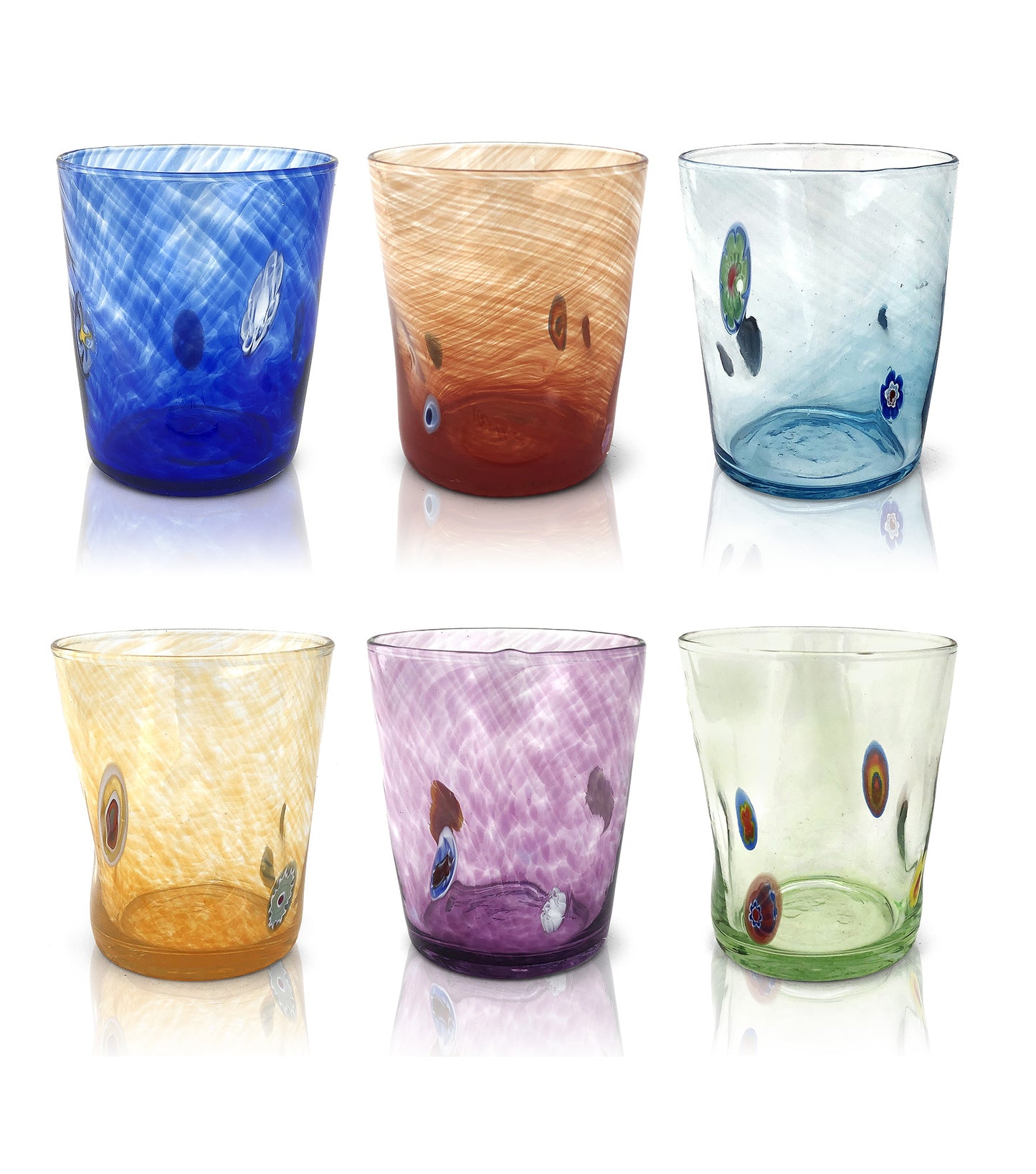 6 Bicchieri Tumbler Liberty in Vetro Soffiati e Lavorati a Mano con Murrine di Murano, linea “I Colori di Murano” 350 ml. Made in Italy