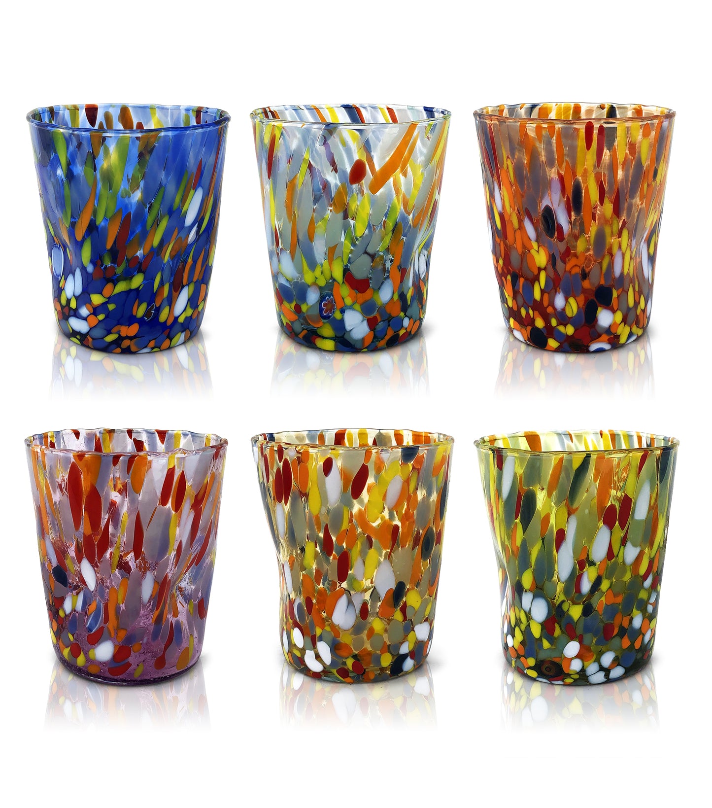 Bicchieri Tumbler Classic in Vetro Soffiati e Lavorati a Mano con Murrine di Murano, linea “I Colori di Murano” 350 ml. Made in Italy