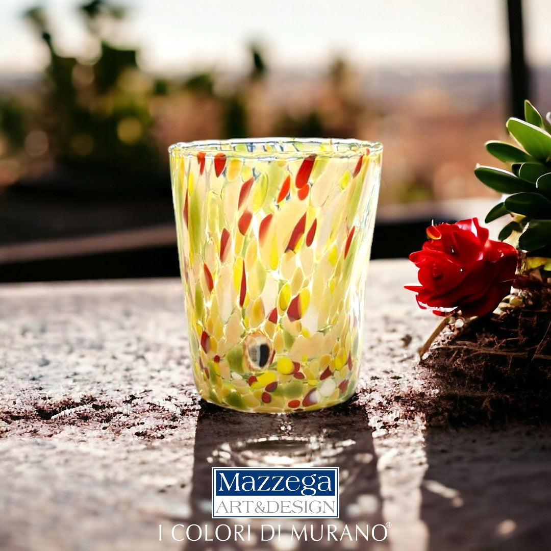 6 Bicchieri Tumbler Colombina in Vetro Soffiati e Lavorati a Mano con Murrine di Murano, linea “I Colori di Murano” 350 ml. Made in Italy