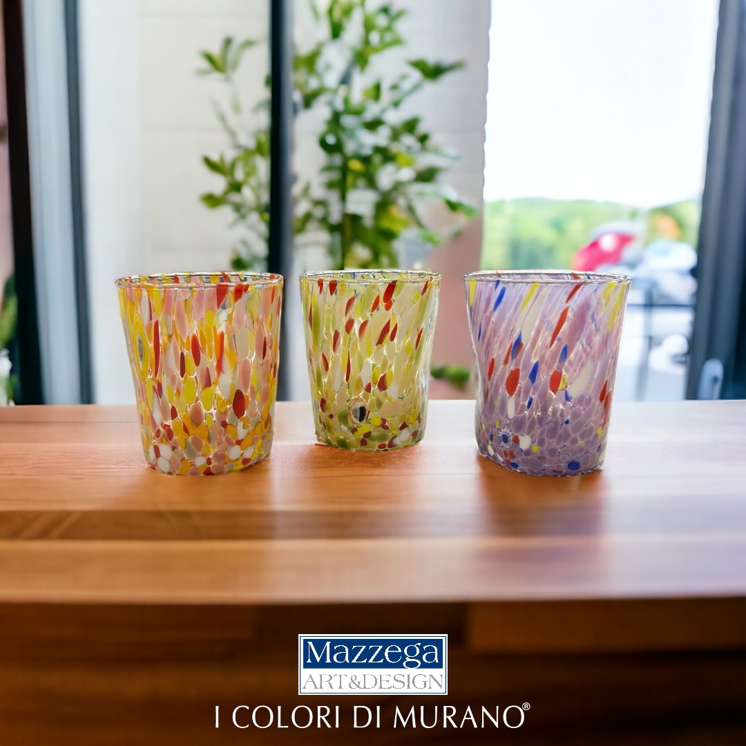 6 Bicchieri Tumbler Colombina in Vetro Soffiati e Lavorati a Mano con Murrine di Murano, linea “I Colori di Murano” 350 ml. Made in Italy