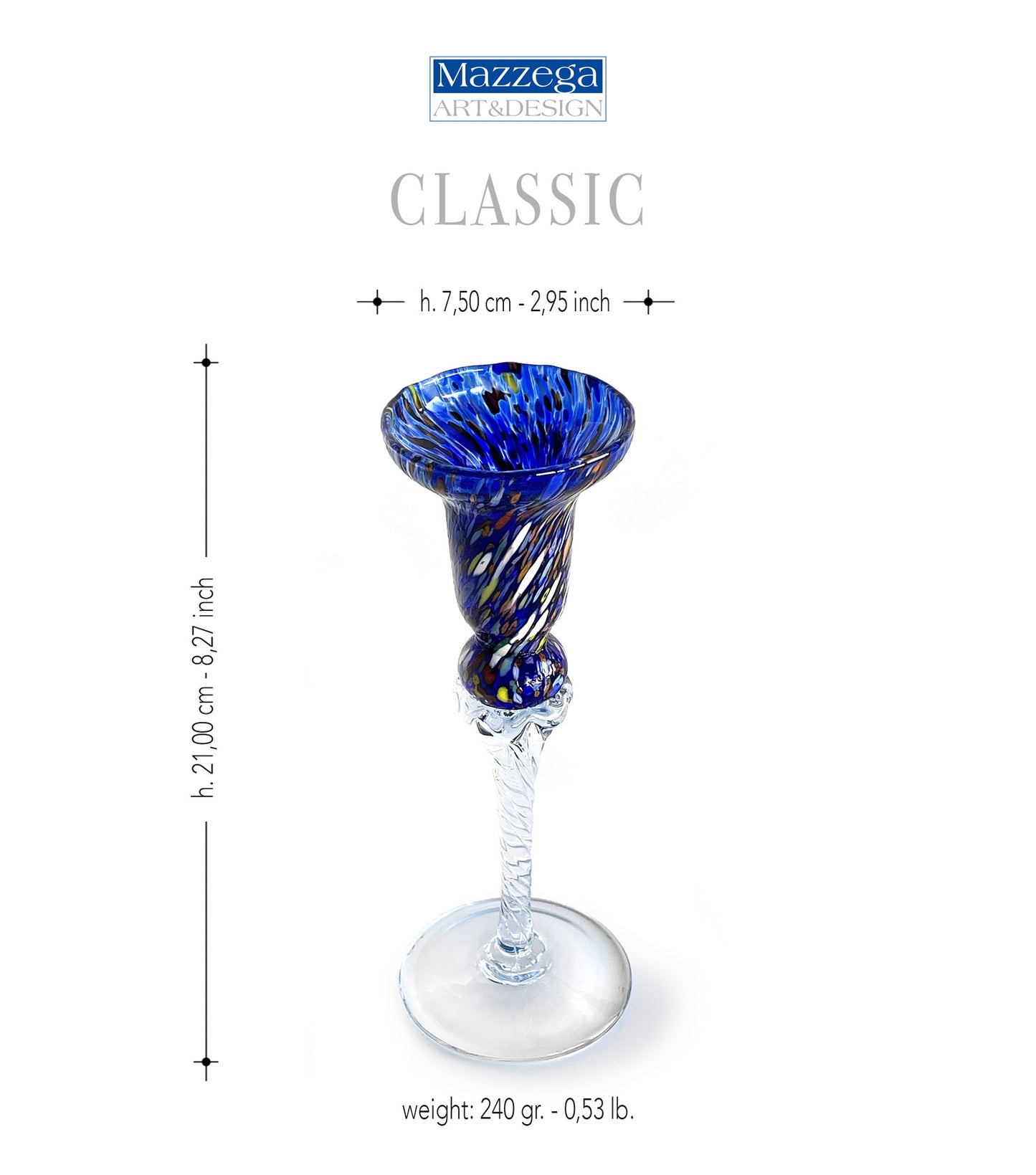 2 Candélabres en Verre Soufflé et Fait Main - Les Couleurs de Murano - Bougeoirs pour Table, Mariages, Fêtes. Fabriqué en Italie