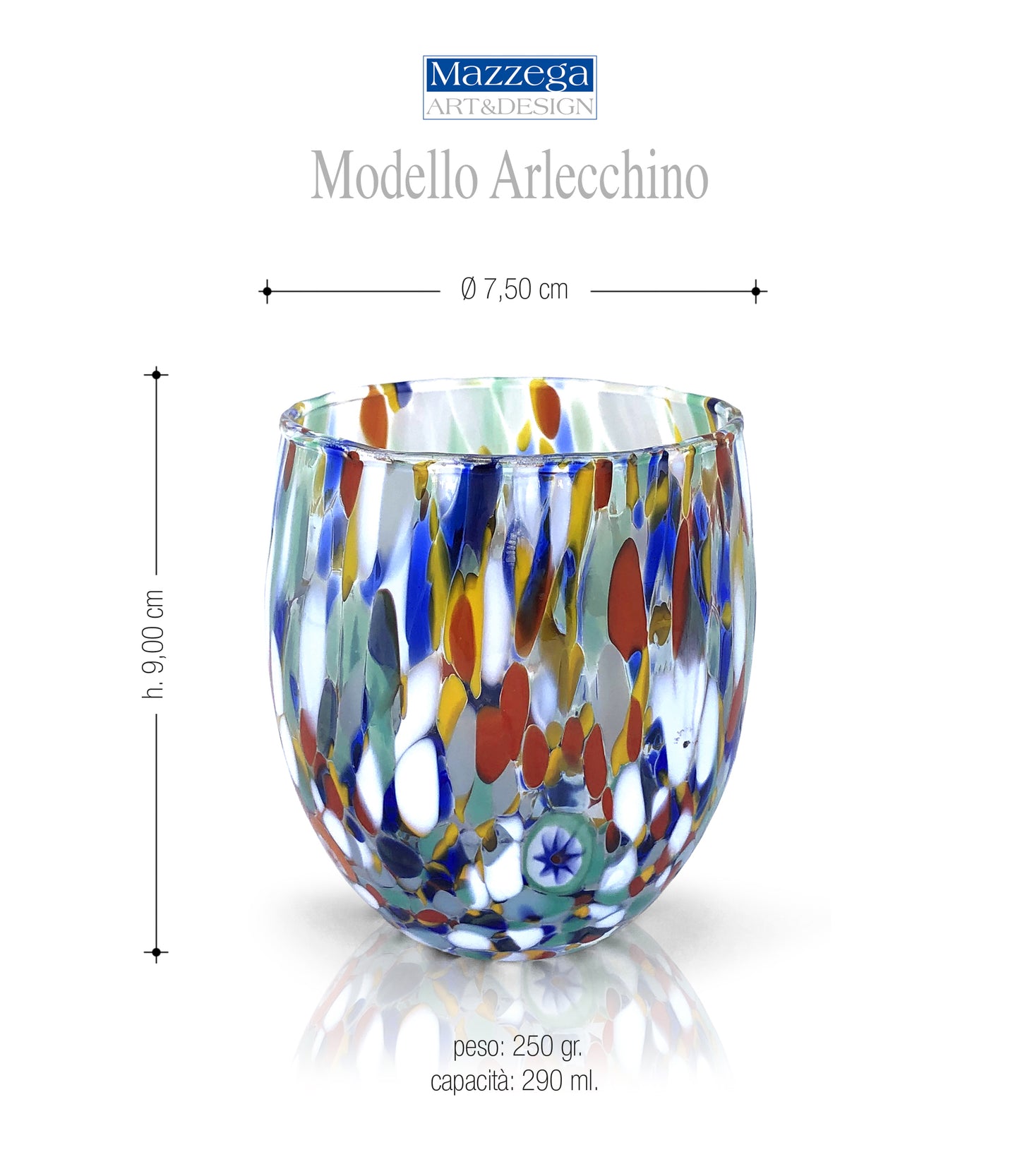 6 Bicchieri Acqua Arlecchino in Vetro Soffiati e Lavorati a Mano con Murrine di Murano, linea “I Colori di Murano” 320 ml. Made in Italy