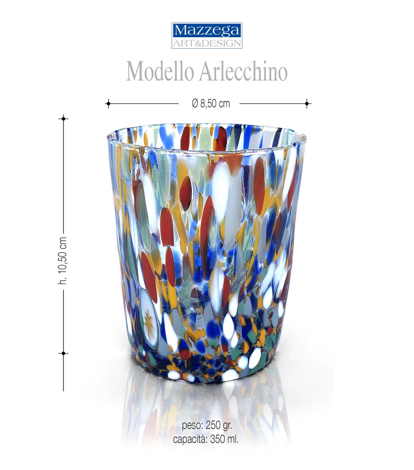 6 Bicchieri Tumbler Arlecchino in Vetro Soffiati e Lavorati a Mano con Murrine di Murano, linea “I Colori di Murano” 350 ml. Made in Italy