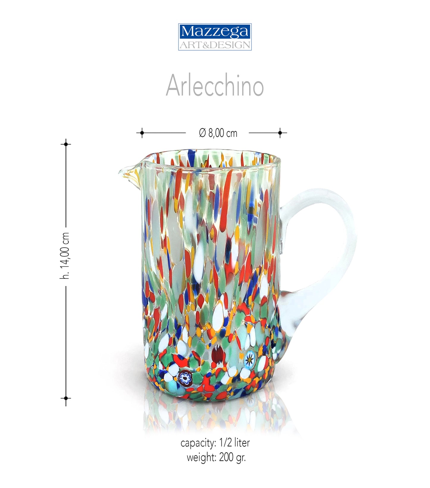 Caraffa Arlecchino in Vetro Soffiata e Lavorata a Mano con Murrine di Murano, linea “I Colori di Murano” 500 ml. Made in Italy