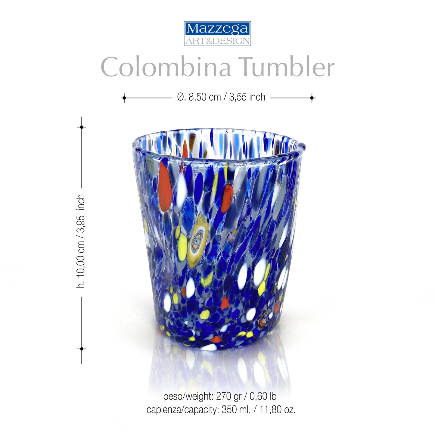 6 Bicchieri Goto Tumbler in Vetro Soffiati e Lavorati a Mano con Murrine Murano - I Colori di Murano - COLOMBINA Tumbler 350 ml.