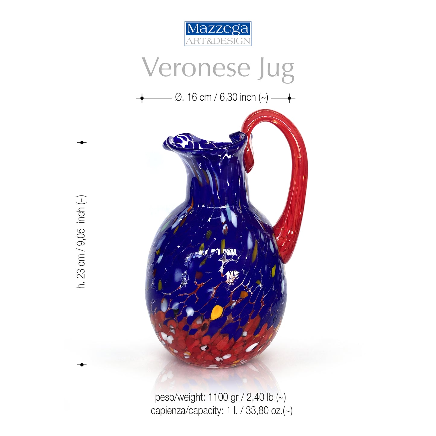 1 Caraffa Veronese in vetro di Murano, realizzata nell'isola di Murano, soffiata e lavorata a mano da maestri Vetrai - SPECIAL EDITION - 1000 ml.