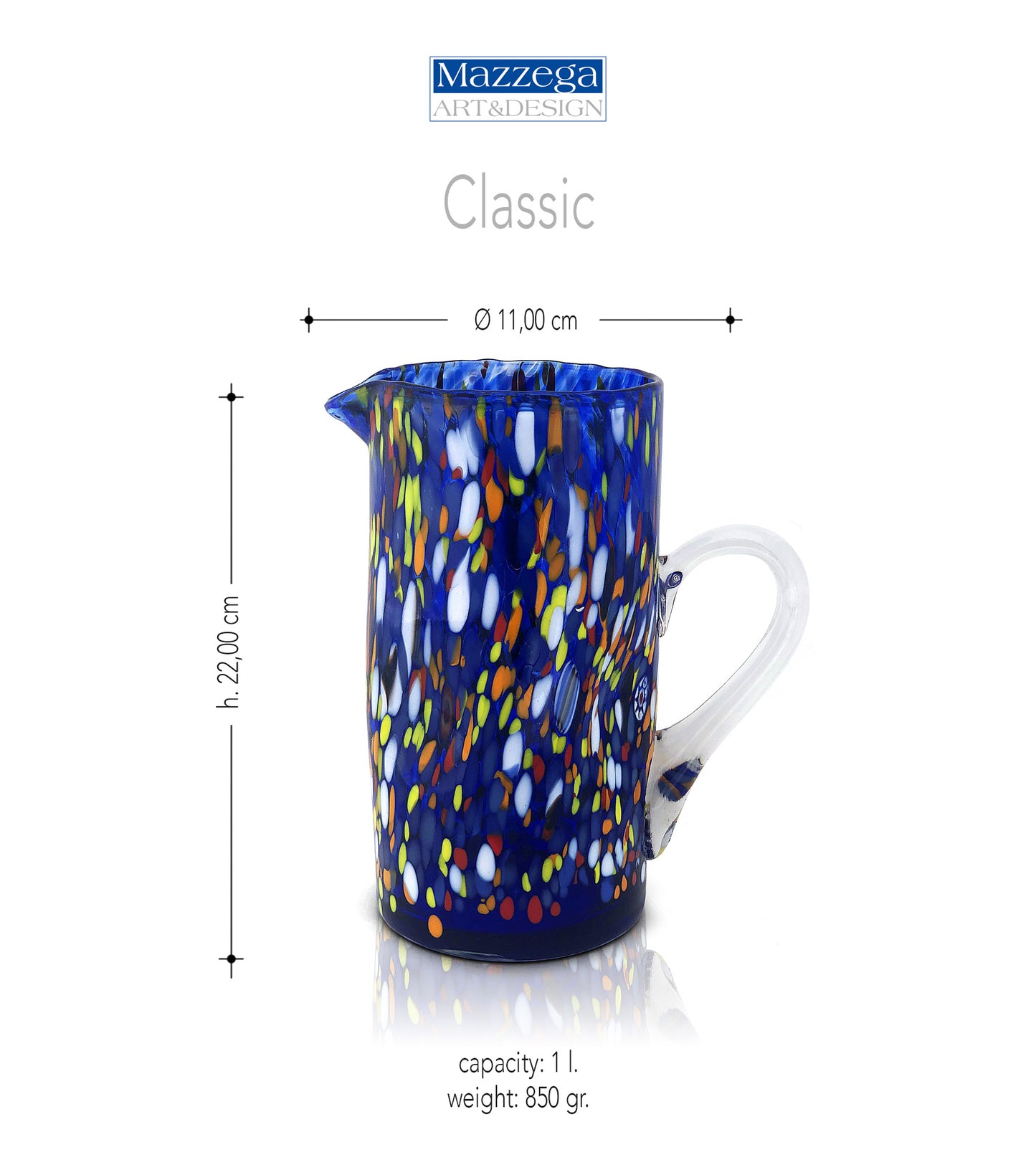 Caraffa Classic in Vetro Soffiata e Lavorata a Mano con Murrine di Murano, linea “I Colori di Murano” 1000 ml. Made in Italy