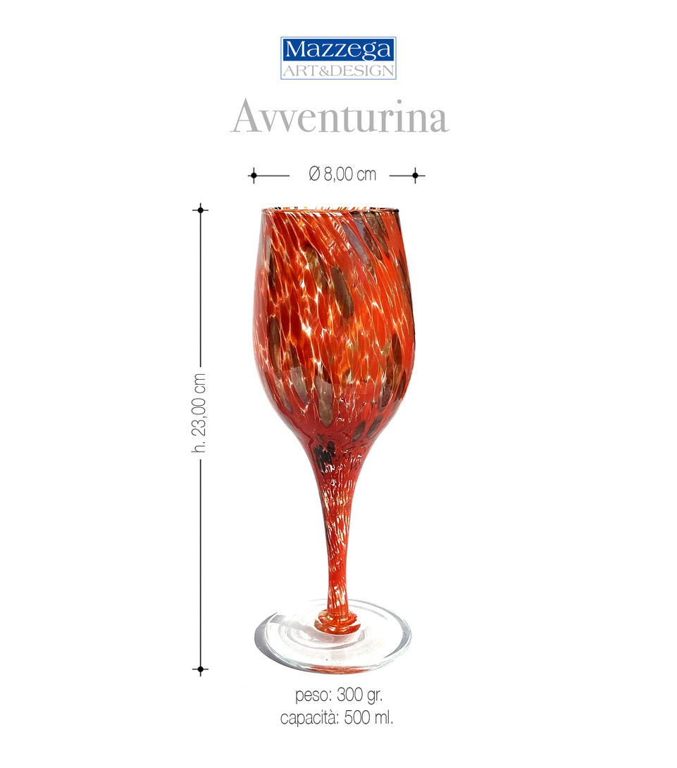 Calici da Vino E Bicchieri Blu e Rossi con Avventurina in Vetro Soffiati e Lavorati a Mano “I Colori di Murano” - Made in Italy