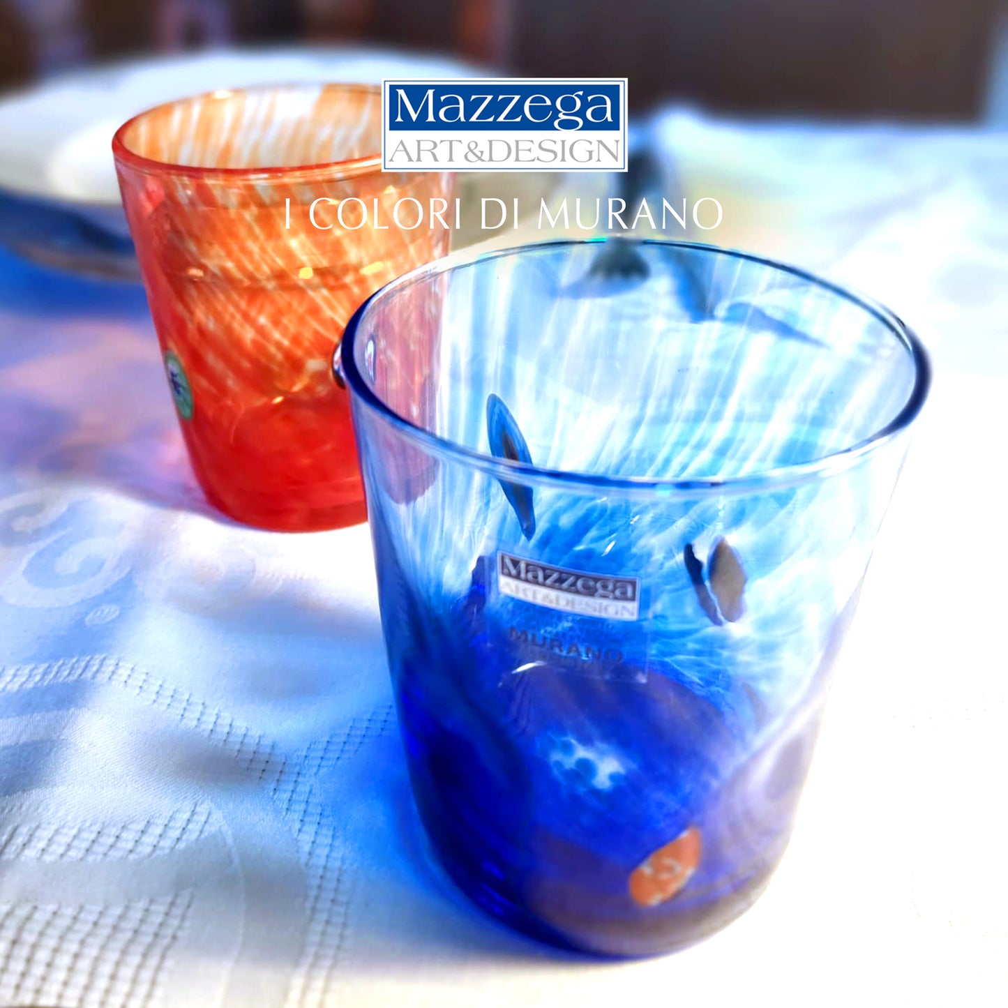 6 Bicchieri Tumbler Liberty in Vetro Soffiati e Lavorati a Mano con Murrine di Murano, linea “I Colori di Murano” 350 ml. Made in Italy