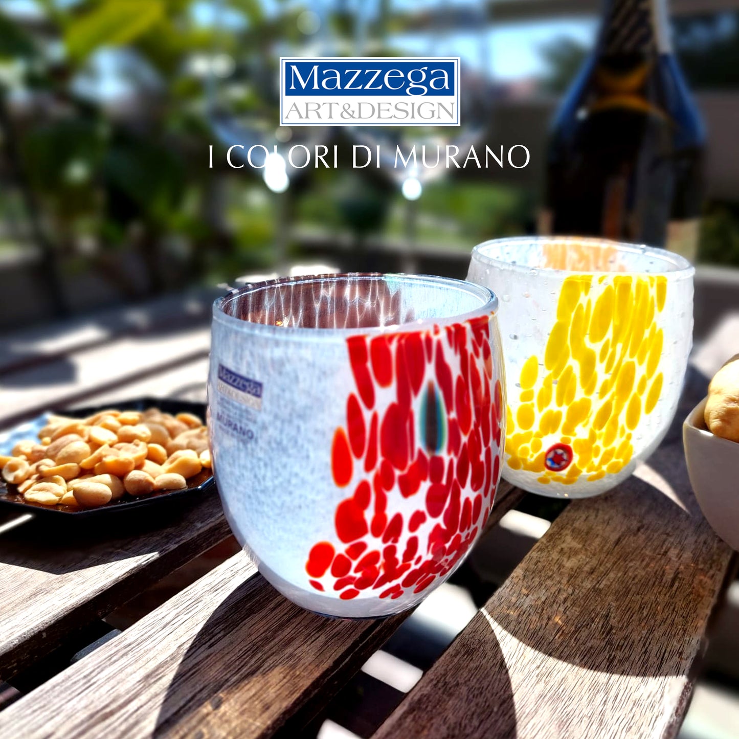 6 Bicchieri Acqua Light in Vetro Soffiati e Lavorati a Mano con Murrine di Murano, linea “I Colori di Murano” 320 ml. Made in Italy