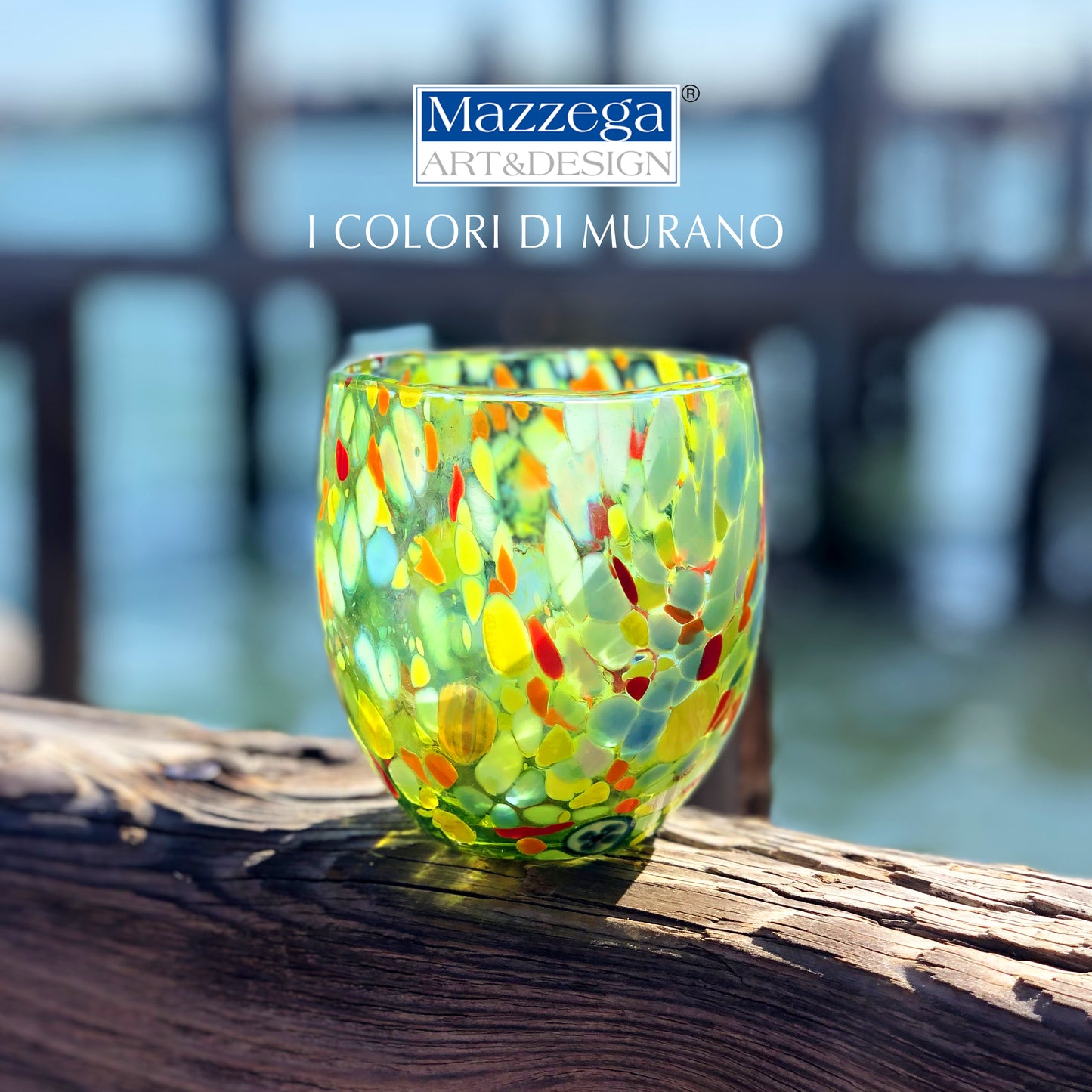 6 Bicchieri Acqua Classic in Vetro Soffiati e Lavorati a Mano con Murrine di Murano, linea “I Colori di Murano” 320 ml. Made in Italy