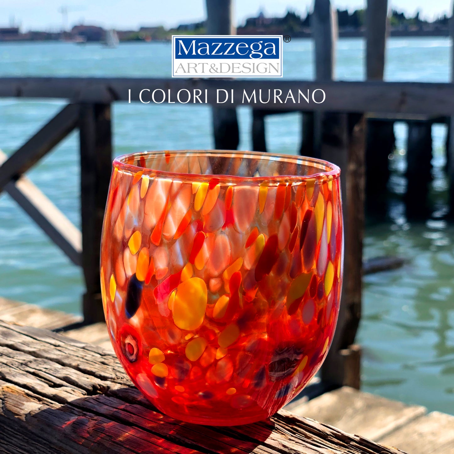 6 Bicchieri Acqua Classic in Vetro Soffiati e Lavorati a Mano con Murrine di Murano, linea “I Colori di Murano” 320 ml. Made in Italy