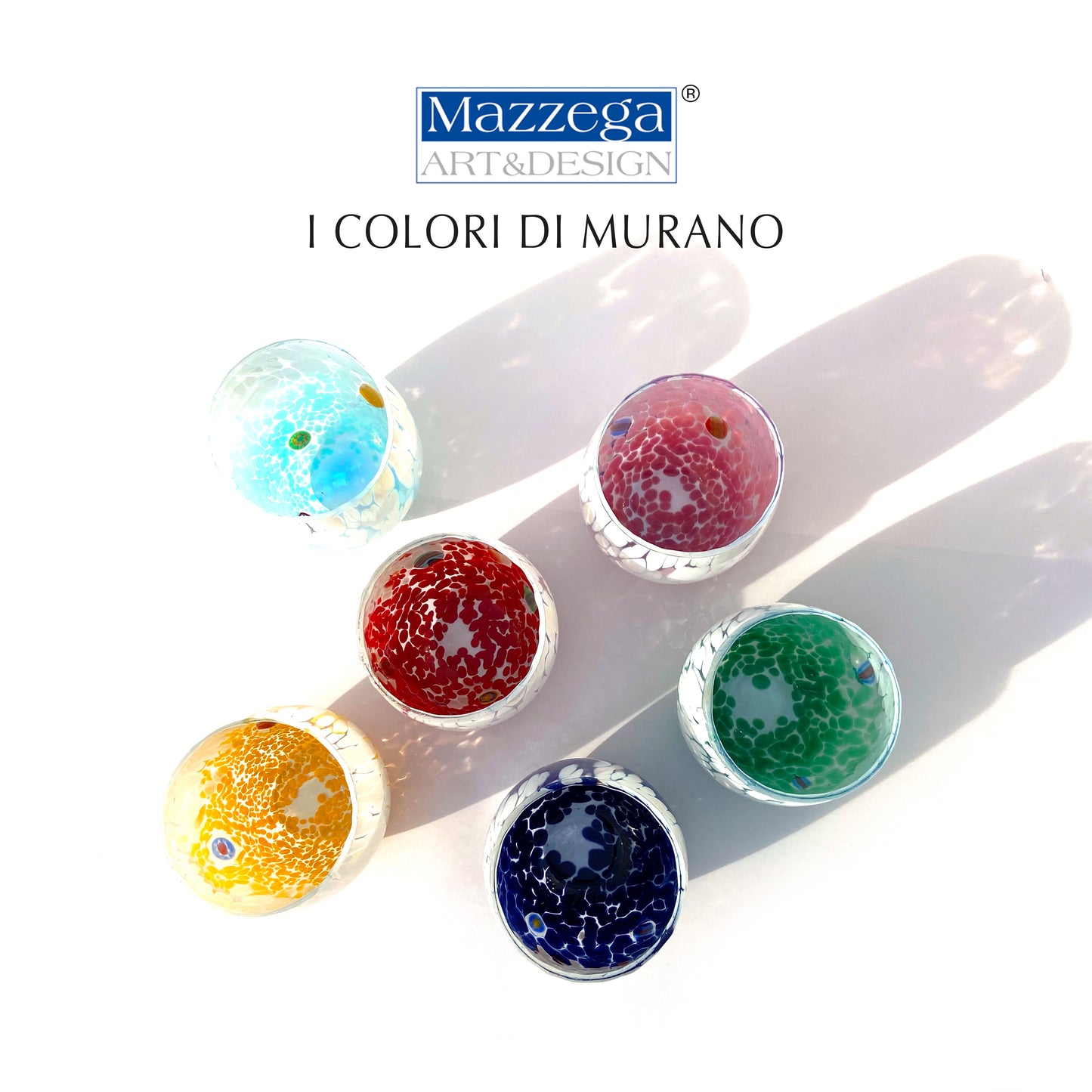 6 Bicchieri Acqua Big Bicolor in Vetro Soffiati e Lavorati a Mano con Murrine di Murano, linea “I Colori di Murano” 435 ml. Made in Italy