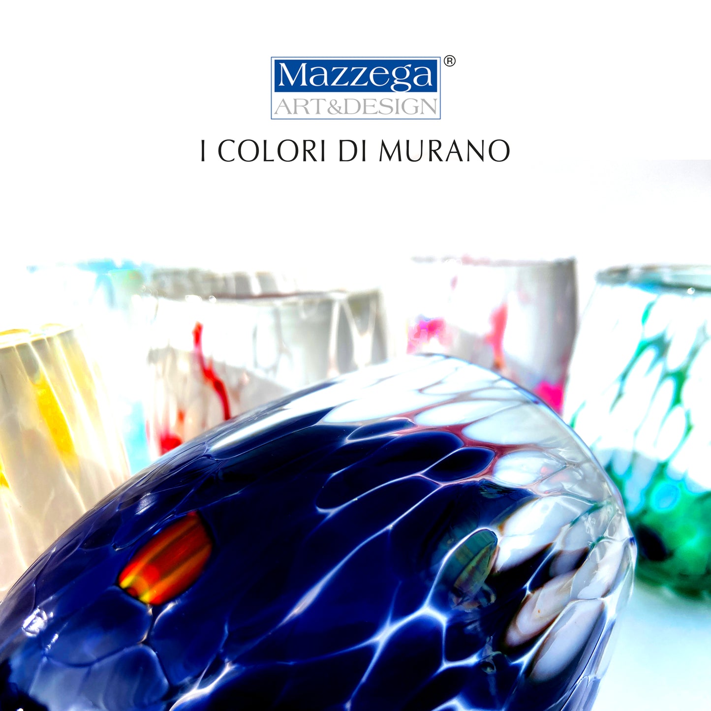 6 Bicchieri Acqua Big Bicolor in Vetro Soffiati e Lavorati a Mano con Murrine di Murano, linea “I Colori di Murano” 435 ml. Made in Italy