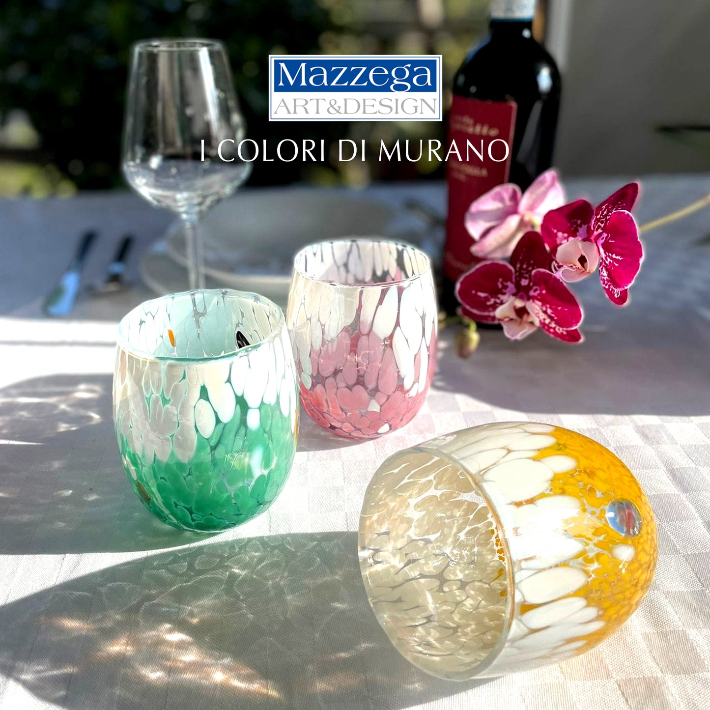 6 Bicchieri Acqua Big Bicolor in Vetro Soffiati e Lavorati a Mano con Murrine di Murano, linea “I Colori di Murano” 435 ml. Made in Italy