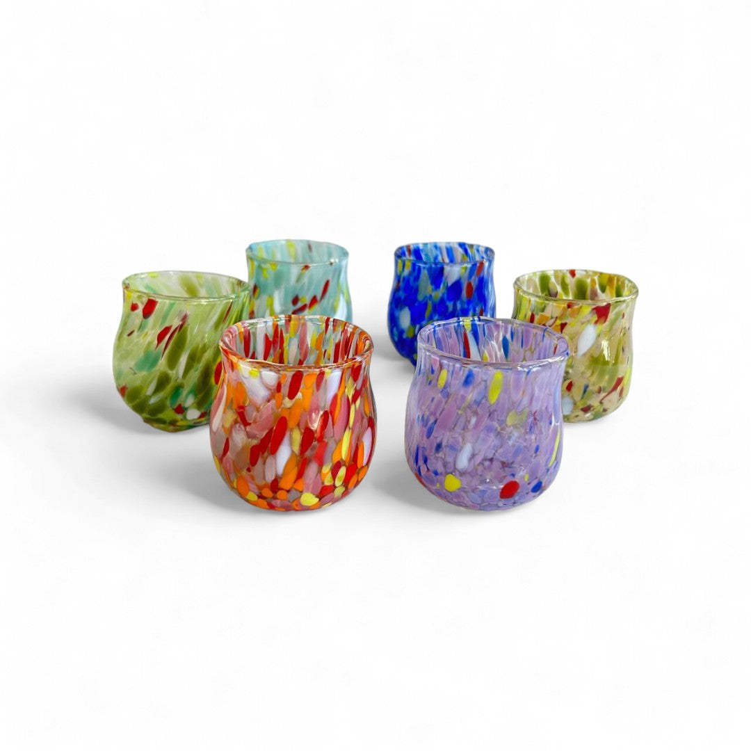 6 Bicchieri Shot Colombina in Vetro Soffiati e Lavorati a Mano con Murrine di Murano, linea “I Colori di Murano” 70 ml. Made in Italy