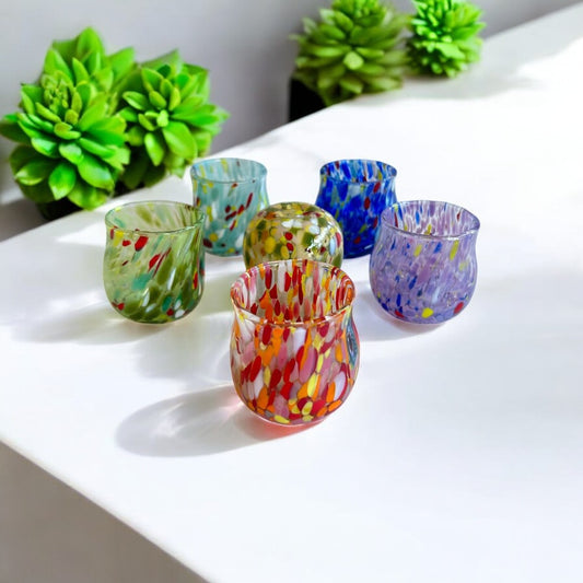 6 Bicchieri Shot Colombina in Vetro Soffiati e Lavorati a Mano con Murrine di Murano, linea “I Colori di Murano” 70 ml. Made in Italy