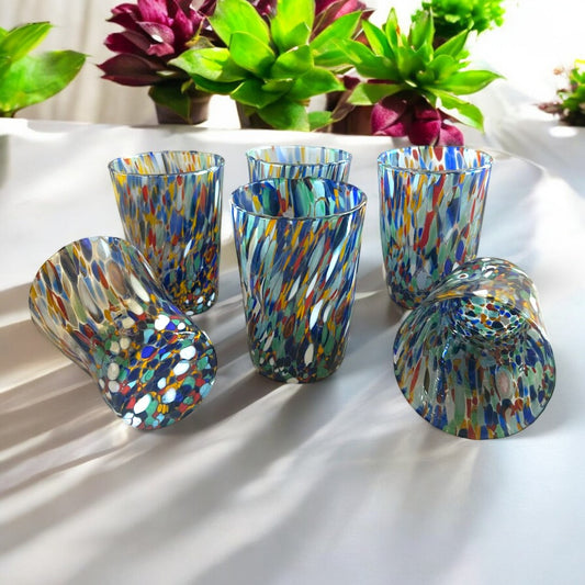 6 Bicchieri da Bibita Arlecchino in Vetro Soffiati e Lavorati a Mano con Murrine di Murano, linea “I Colori di Murano” 390 ml. Made in Italy