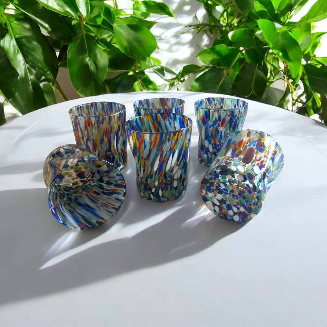 6 Bicchieri Tumbler Arlecchino in Vetro Soffiati e Lavorati a Mano con Murrine di Murano, linea “I Colori di Murano” 350 ml. Made in Italy