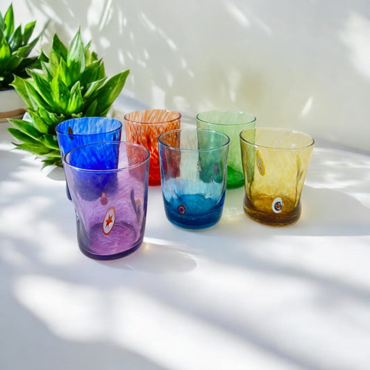 6 Bicchieri Tumbler Liberty in Vetro Soffiati e Lavorati a Mano con Murrine di Murano, linea “I Colori di Murano” 350 ml. Made in Italy