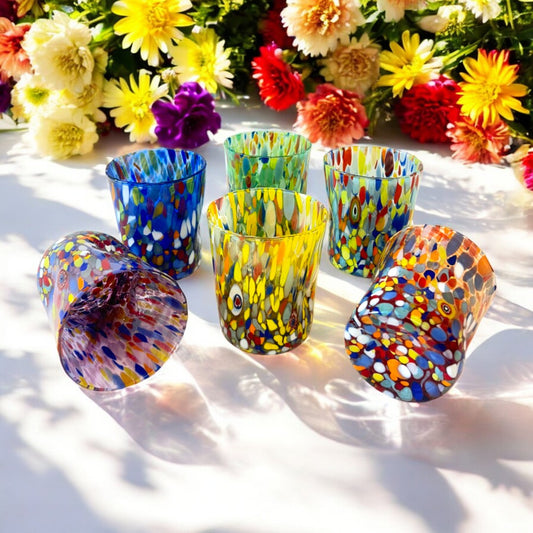 Bicchieri Tumbler Classic in Vetro Soffiati e Lavorati a Mano con Murrine di Murano, linea “I Colori di Murano” 350 ml. Made in Italy